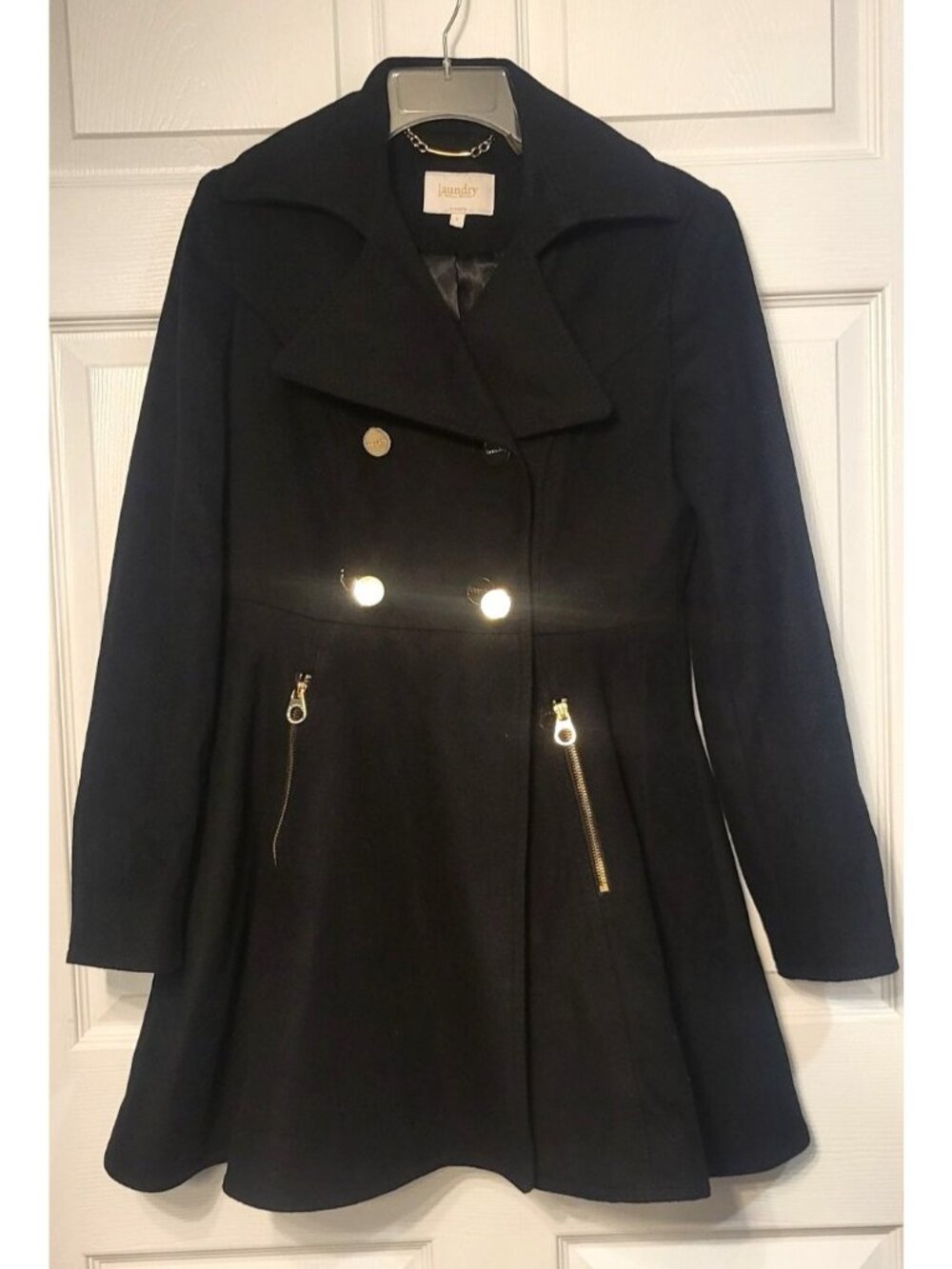 Womens Laundry By Shelli Black Double Breasted Fit And Flare Wool Blend Coat